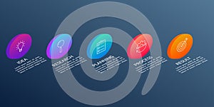 5 steps, option or levels info graphic design with five 3d or isometric circles and business icons